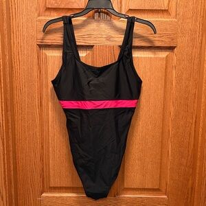 Black One-Piece Swimsuit with Pink Stripe